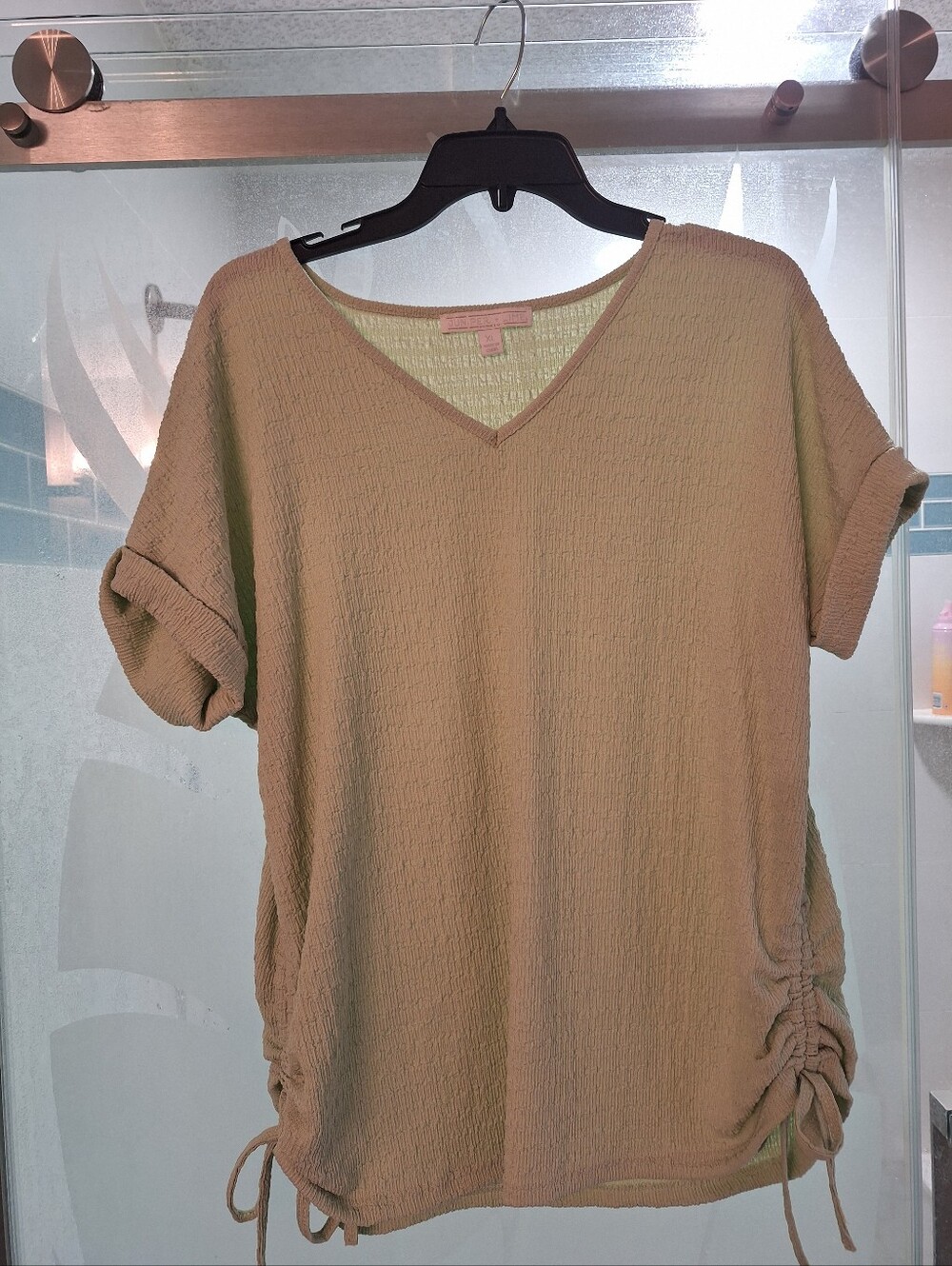 Light Green V-Neck Ruched Hem Women's Top Stretchy
